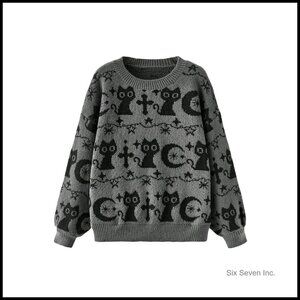 Goth Cartoon Pattern Sweater Long Sleeve Crewneck Knit Pullover Top Y2K